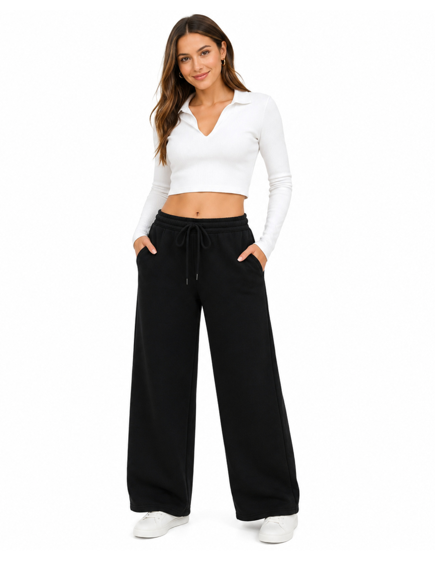 PANTALON PALAZO FRANELA NEGRO CINTURA ELASTICA CON CORDON MUJER - 4