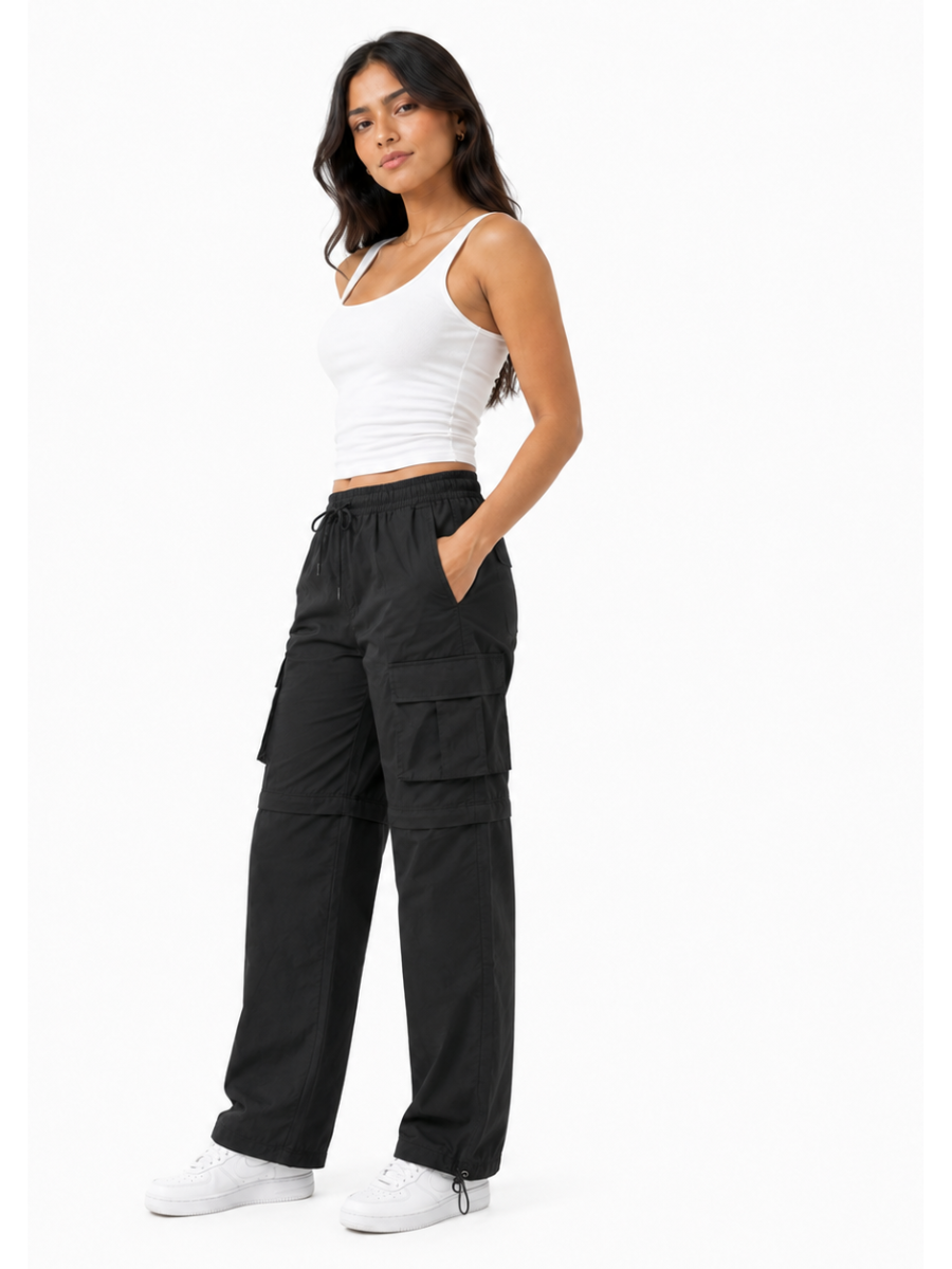 PANTALÓN CARGO MUJER CONVERTIBLE TELA MOJADA URBANO COLOR NEGRO - 1