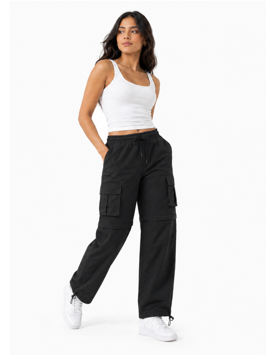 PANTALÓN CARGO MUJER CONVERTIBLE TELA MOJADA URBANO COLOR NEGRO - 4