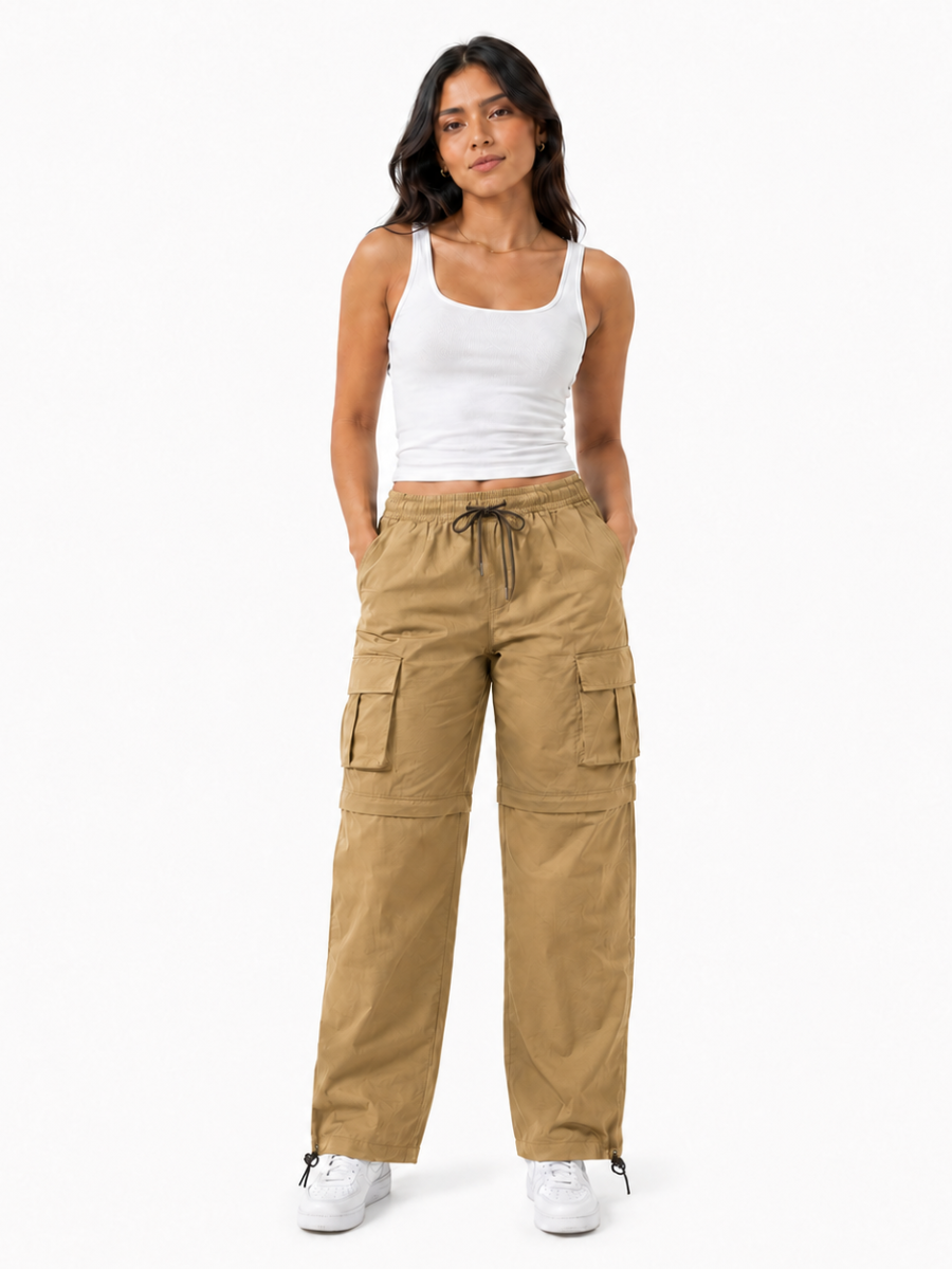 PANTALÓN CARGO MUJER CONVERTIBLE TELA MOJADA URBANO COLOR CAQUI - 1