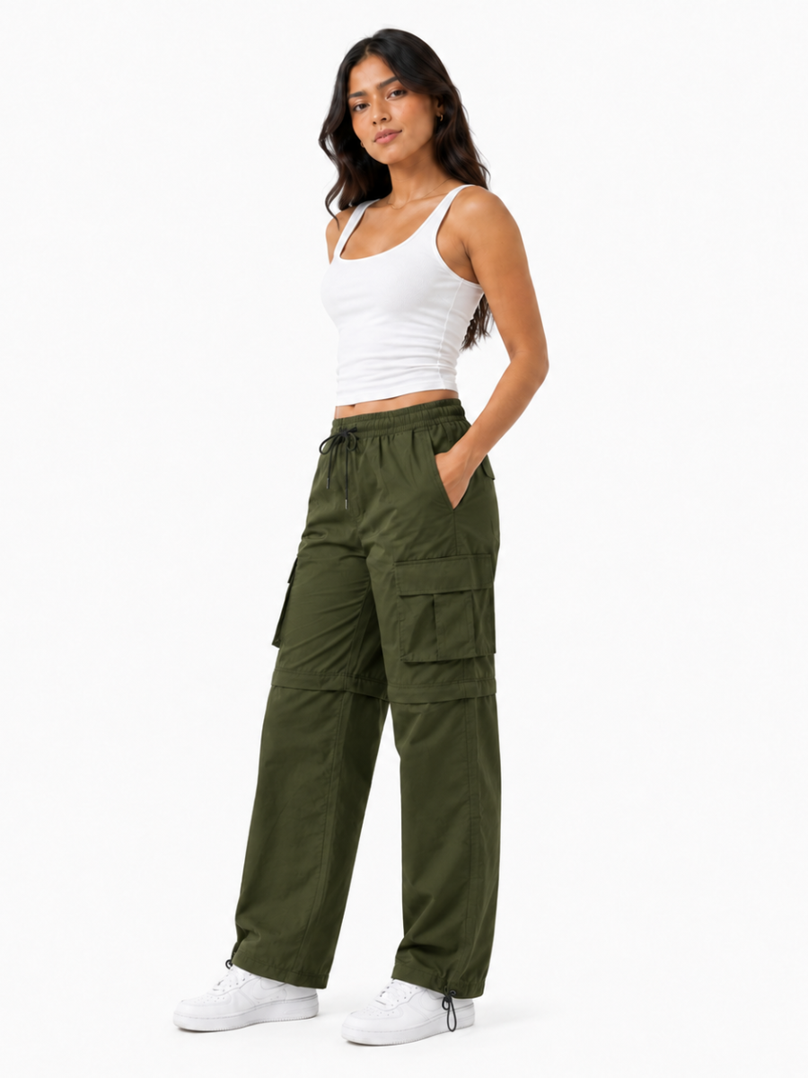PANTALÓN CARGO MUJER CONVERTIBLE TELA MOJADA URBANO VERDE MILITAR - 1