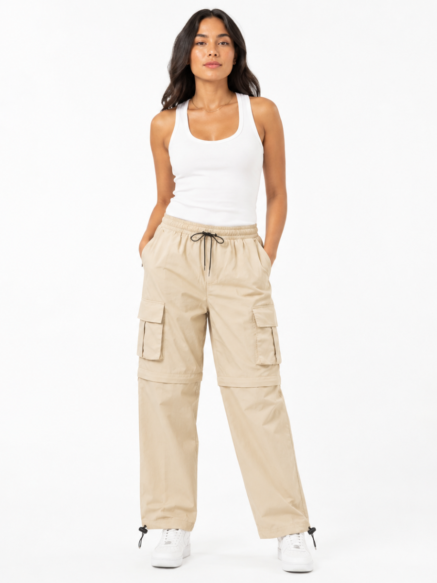 PANTALÓN CARGO MUJER CONVERTIBLE TELA MOJADA URBANO COLOR HUESO - 1
