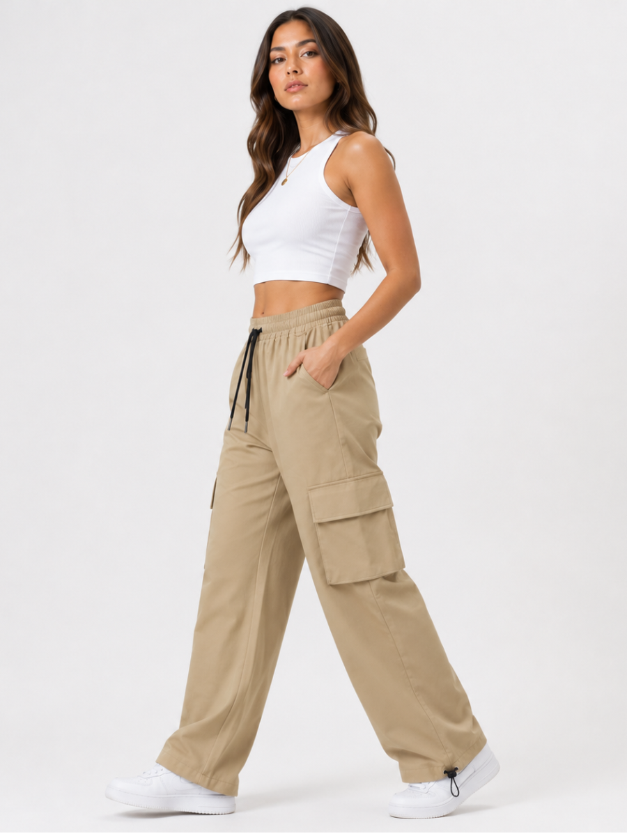 JOGGER CARGO NOVA MUJER BEIGE KAKI PIERNA ANCHA TELA NOVA URBANO CASUAL - 1