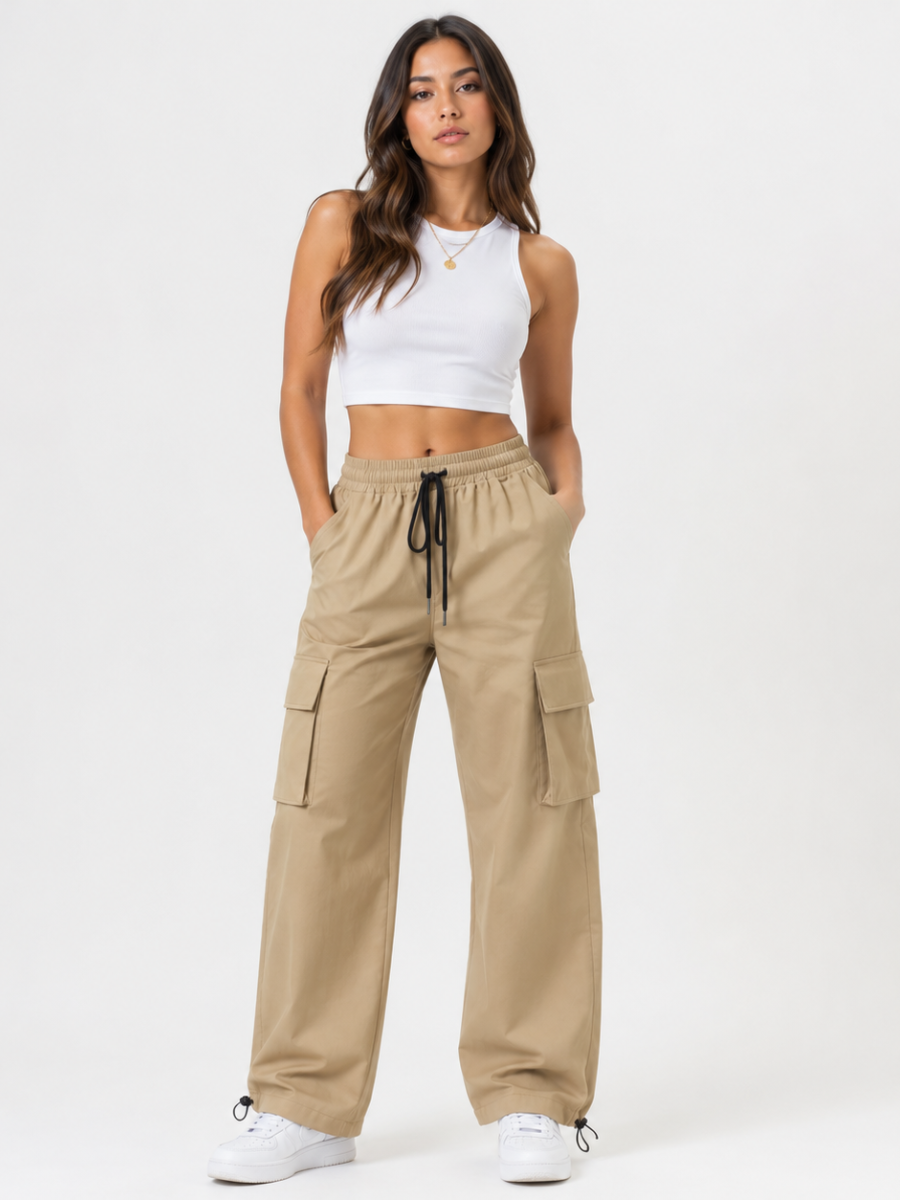 JOGGER CARGO NOVA MUJER BEIGE KAKI PIERNA ANCHA TELA NOVA URBANO CASUAL - 2