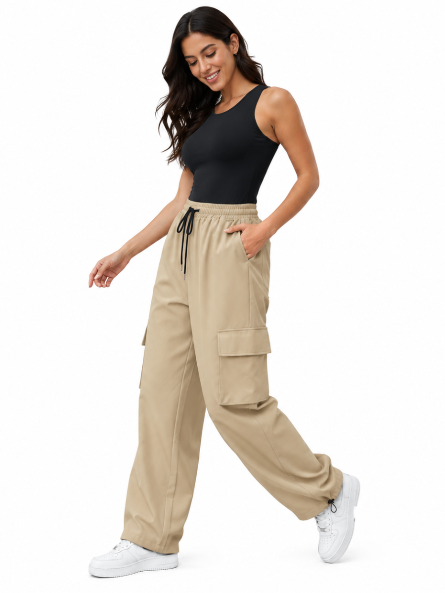 JOGGER CARGO NOVA MUJER BEIGE KAKI PIERNA ANCHA TELA NOVA URBANO CASUAL - 4