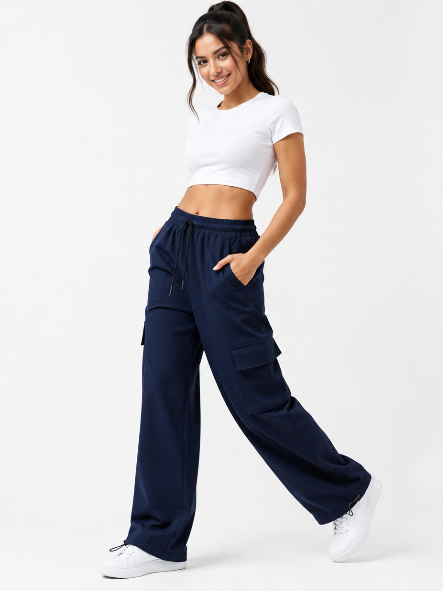 JOGGER CARGO NOVA MUJER AZUL MARINO PIERNA ANCHA TELA NOVA URBANO CASUAL - 1
