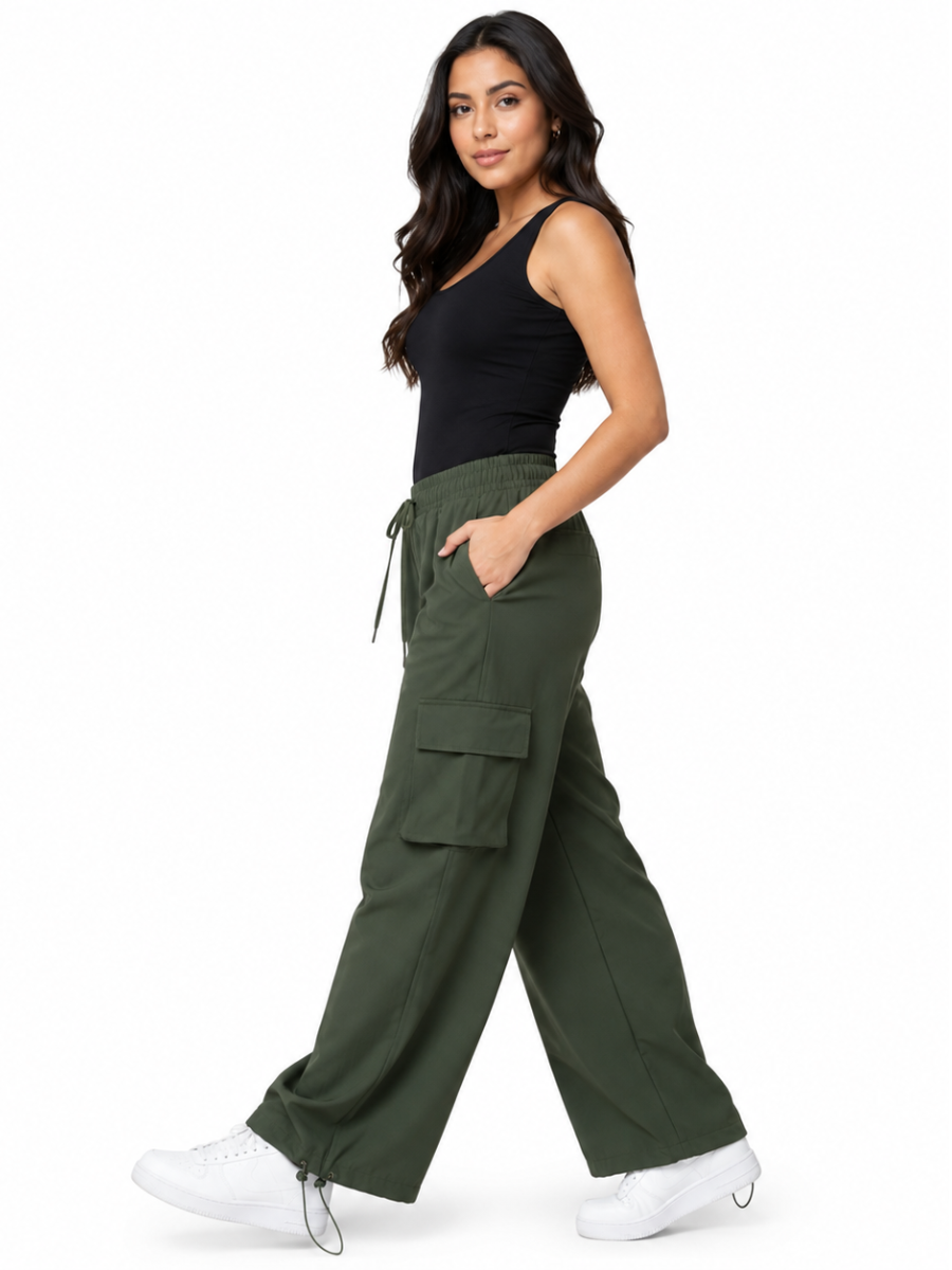 JOGGER CARGO NOVA MUJER VERDE MILITAR URBANO PIERNA ANCHA TELA NOVA - 1