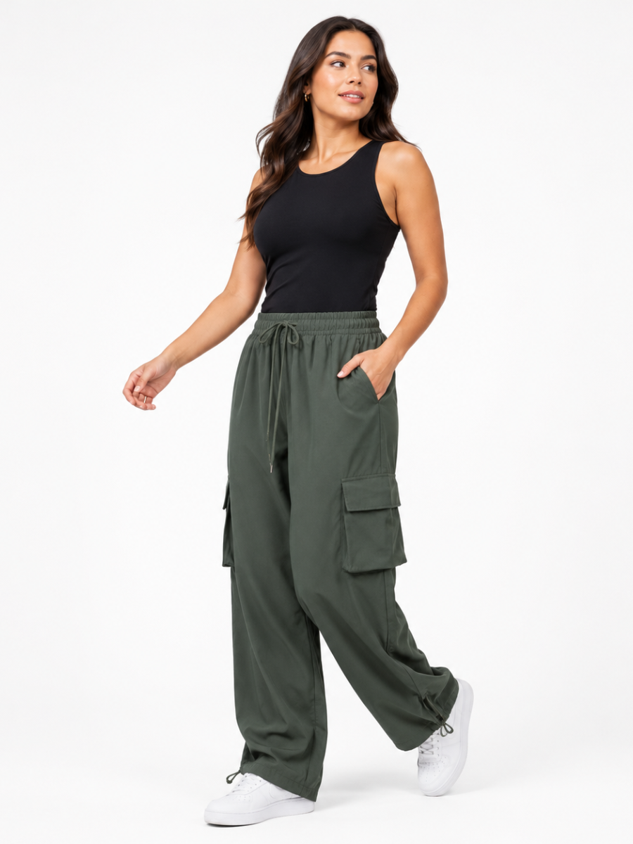 JOGGER CARGO NOVA MUJER VERDE MILITAR URBANO PIERNA ANCHA TELA NOVA - 4