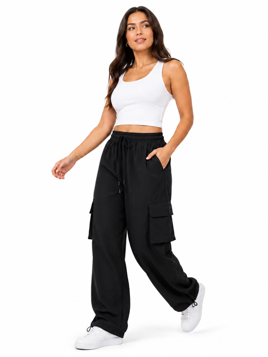JOGGER CARGO NOVA MUJER TELA NOVA PIERNA ANCHA CINTURA ELASTICADA CORDÓN AJUSTABLE BOLSILLOS CARGO REGULADOR EN BASTA CASUAL - 1