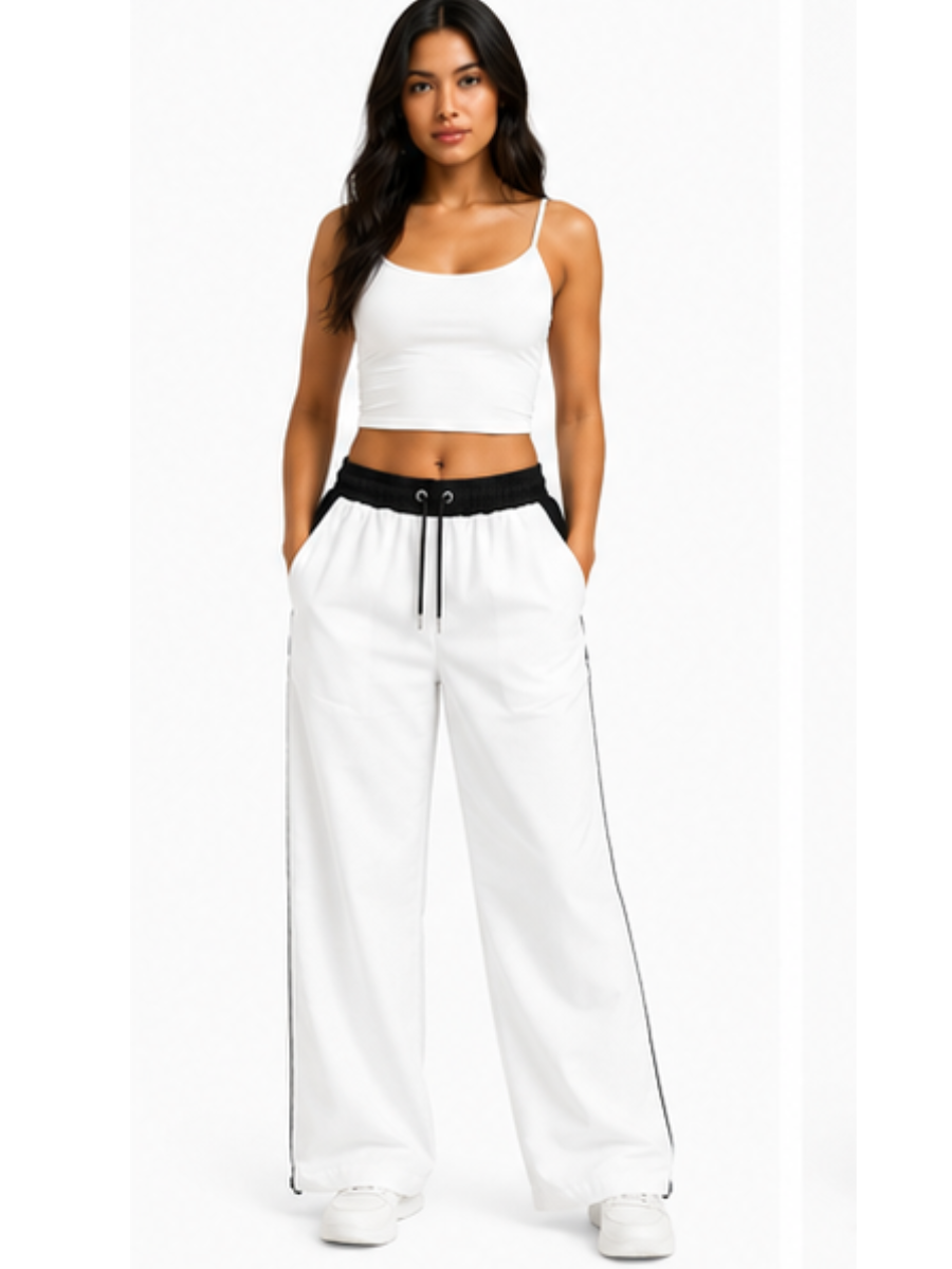 JOGGER NOVA BICOLOR BLANCO PANTALON URBANO CASUAL TELA NOVA CINTURA ELASTICADA PIERNA ANCHA CORDON AJUSTABLE JUVENIL - 1