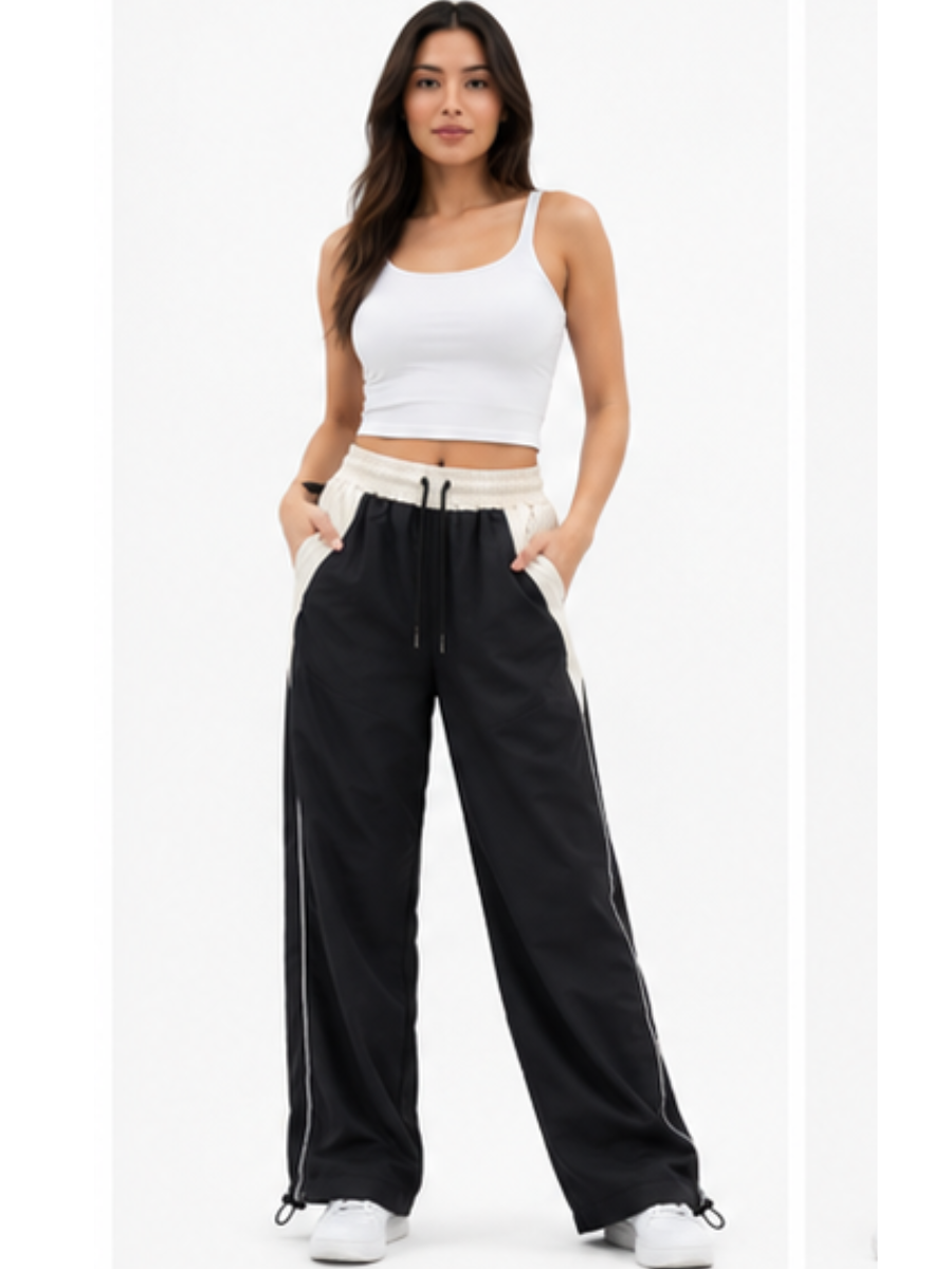PANTALÓN JOGGER NOVA BICOLOR NEGRO CON HUESO PRETINA ELÁSTICA CORDÓN AJUSTABLE PIERNA ANCHA TELA NOVA URBANO CASUAL - 1