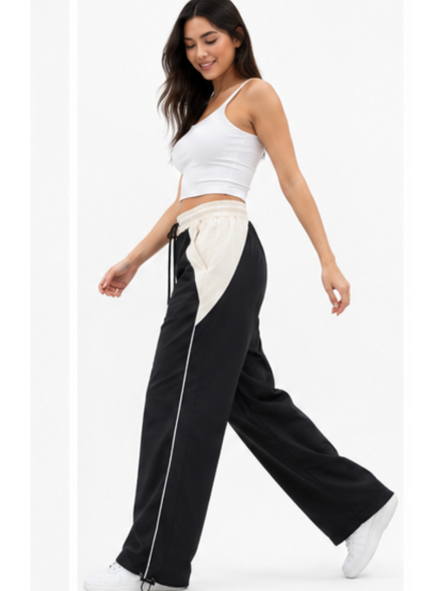 PANTALÓN JOGGER NOVA BICOLOR NEGRO CON HUESO PRETINA ELÁSTICA CORDÓN AJUSTABLE PIERNA ANCHA TELA NOVA URBANO CASUAL - 4