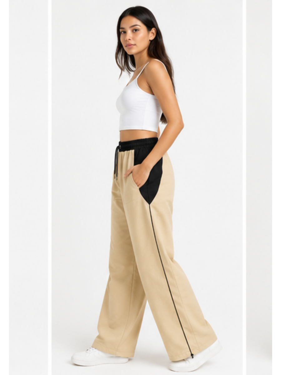 PANTALÓN JOGGER NOVA BICOLOR BEIGE CON NEGRO PRETINA ELÁSTICA CORDÓN AJUSTABLE PIERNA ANCHA TELA NOVA URBANO CASUAL - 1