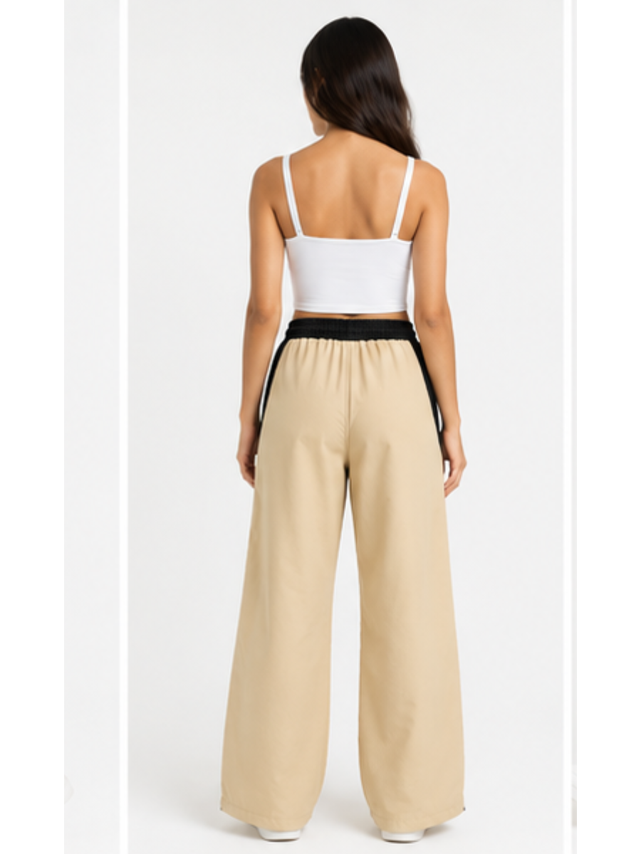 PANTALÓN JOGGER NOVA BICOLOR BEIGE CON NEGRO PRETINA ELÁSTICA CORDÓN AJUSTABLE PIERNA ANCHA TELA NOVA URBANO CASUAL - 3