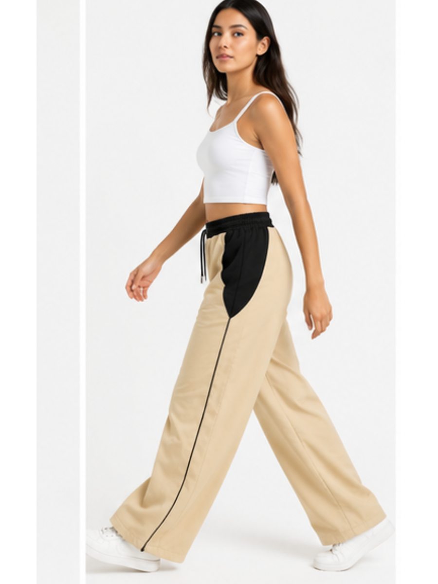 PANTALÓN JOGGER NOVA BICOLOR BEIGE CON NEGRO PRETINA ELÁSTICA CORDÓN AJUSTABLE PIERNA ANCHA TELA NOVA URBANO CASUAL - 4