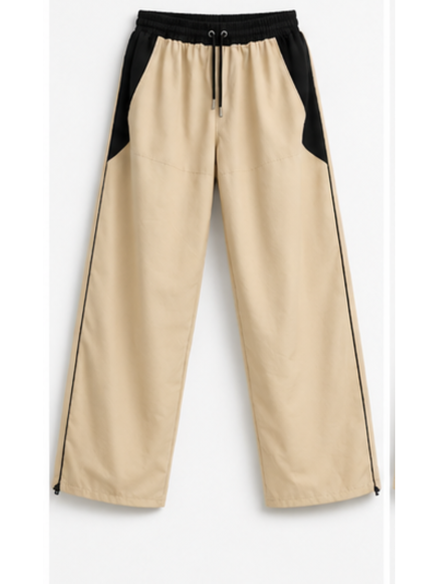 PANTALÓN JOGGER NOVA BICOLOR BEIGE CON NEGRO PRETINA ELÁSTICA CORDÓN AJUSTABLE PIERNA ANCHA TELA NOVA URBANO CASUAL - 5