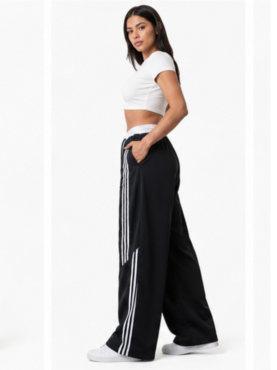 PANTALÓN DEPORTIVO TELA NOVA NEGRO CINTURA ELASTICADA PIERNA ANCHA LÍNEAS LATERALES ESTILO URBANO CASUAL - 1