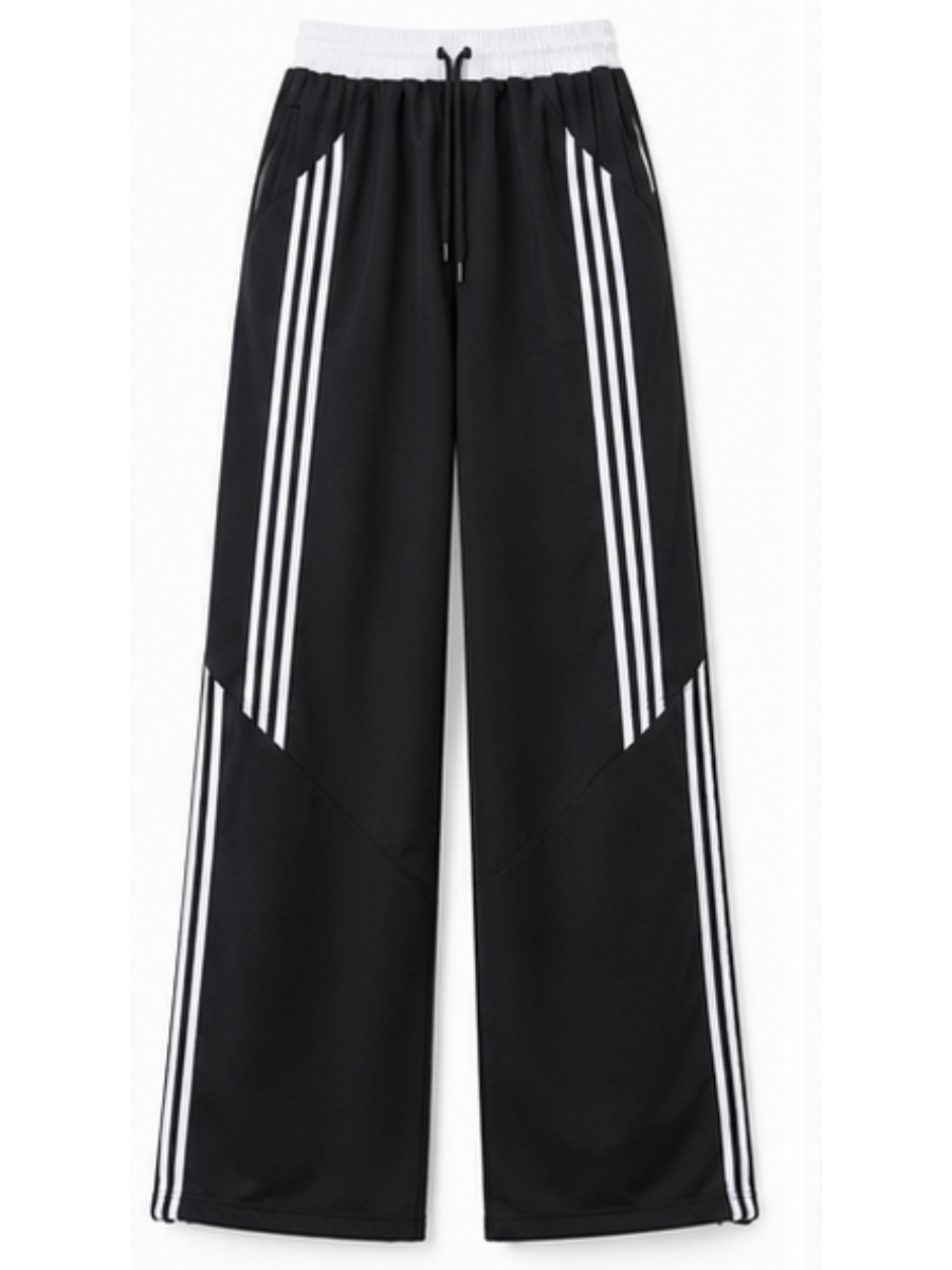 PANTALÓN DEPORTIVO TELA NOVA NEGRO CINTURA ELASTICADA PIERNA ANCHA LÍNEAS LATERALES ESTILO URBANO CASUAL - 4