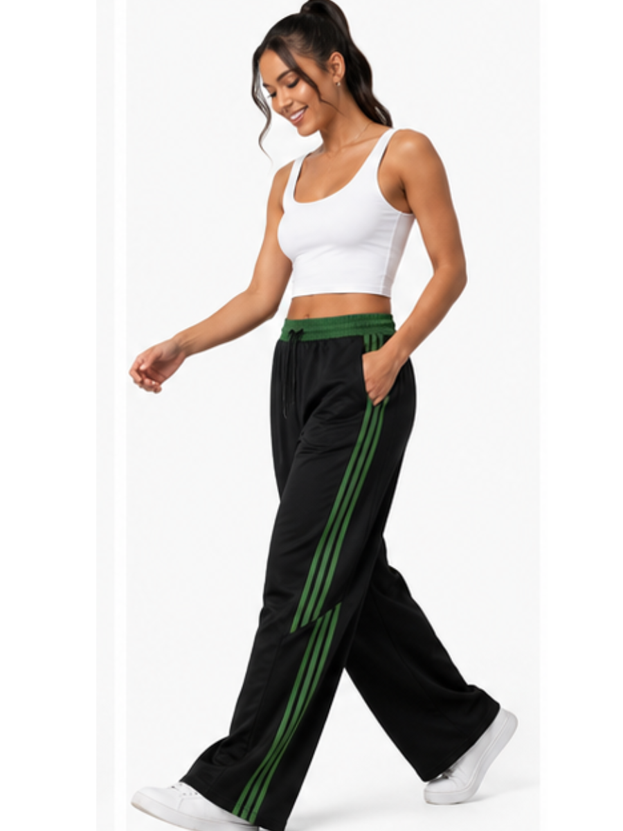 PANTALÓN DEPORTIVO NOVA NEGRO CON LÍNEAS VERDES TELA NOVA CINTURA ELASTICADA WIDELEG URBANO CASUAL - 1