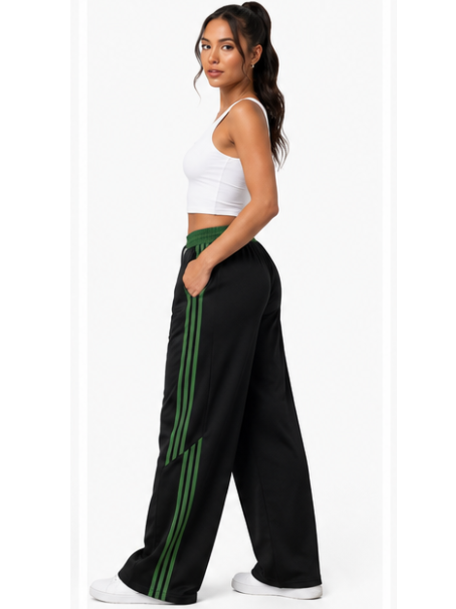 PANTALÓN DEPORTIVO NOVA NEGRO CON LÍNEAS VERDES TELA NOVA CINTURA ELASTICADA WIDELEG URBANO CASUAL - 4