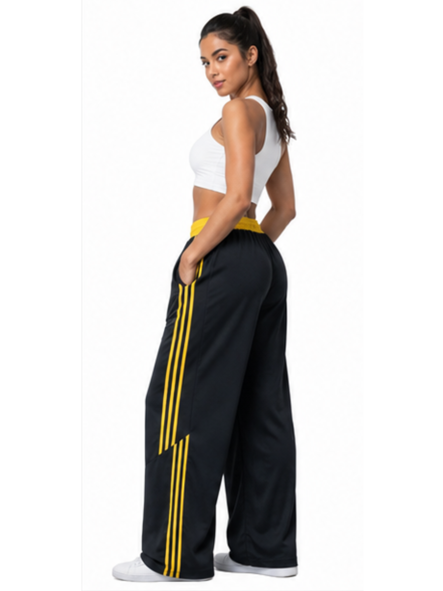 PANTALÓN DEPORTIVO NOVA NEGRO CON LÍNEAS AMARILLAS TELA NOVA CINTURA ELASTICADA WIDELEG URBANO CASUAL - 1