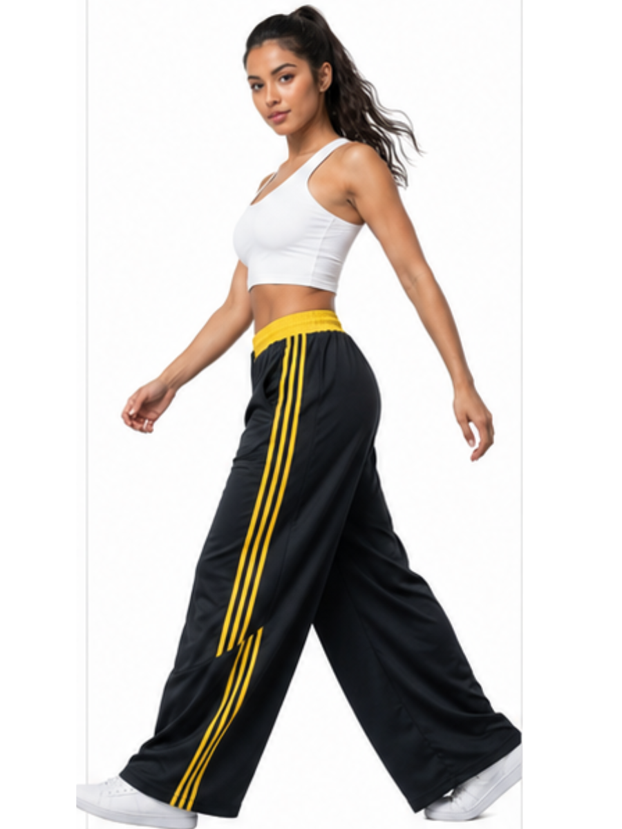 PANTALÓN DEPORTIVO NOVA NEGRO CON LÍNEAS AMARILLAS TELA NOVA CINTURA ELASTICADA WIDELEG URBANO CASUAL - 4