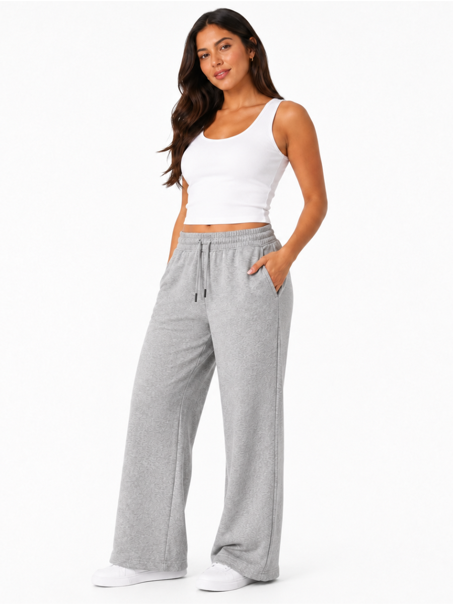 PANTALÓN PALAZZO MUJER ALGODÓN FRENCH TERRY COLOR MELANGE GRIS  TIRO ALTO PIERNA ANCHA CÓMODO CASUAL - 1