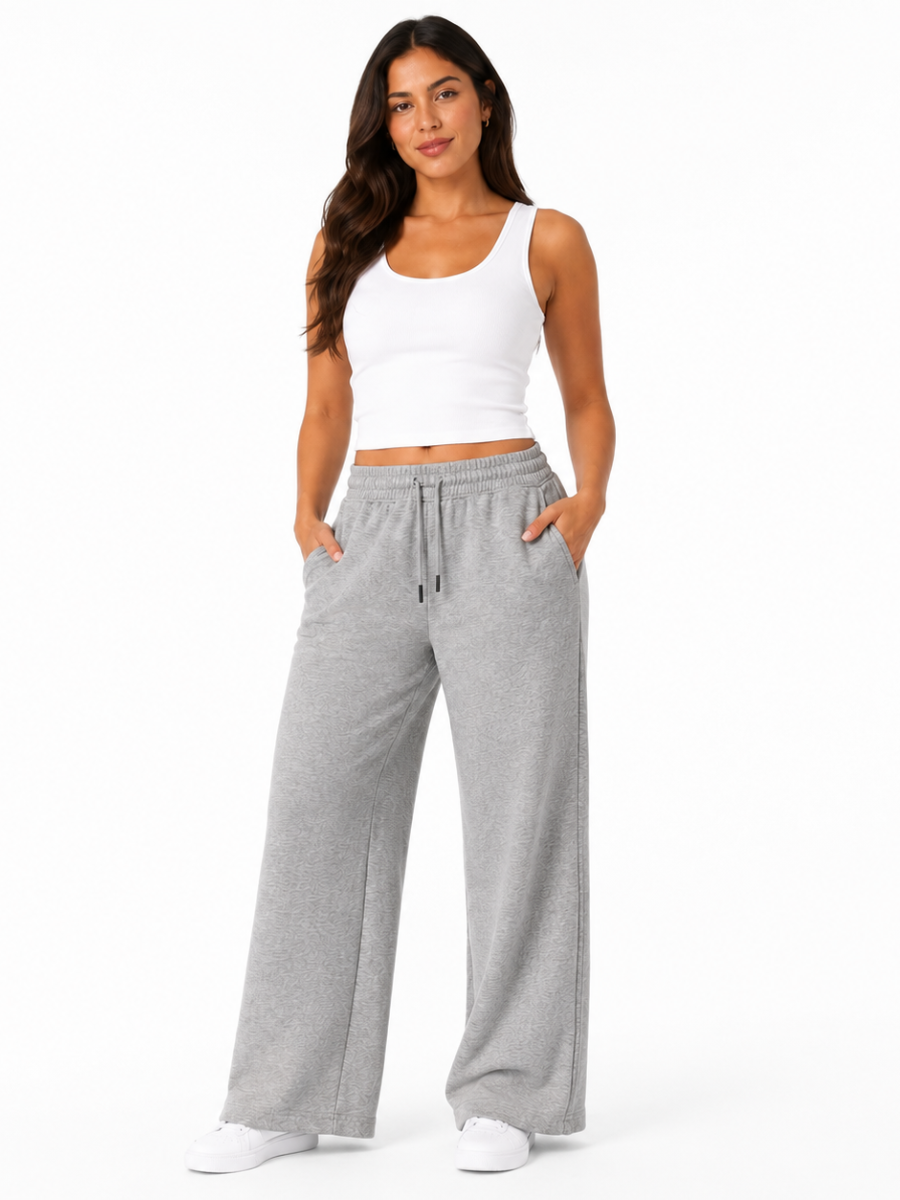 PANTALÓN PALAZZO MUJER ALGODÓN FRENCH TERRY COLOR MELANGE GRIS TIRO ALTO PIERNA ANCHA CÓMODO CASUAL - 3