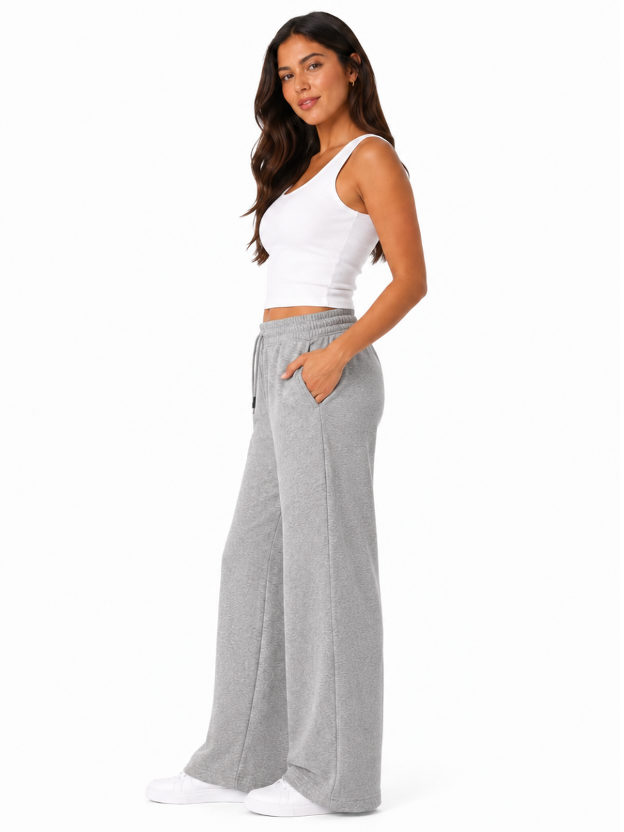 PANTALÓN PALAZZO MUJER ALGODÓN FRENCH TERRY COLOR MELANGE GRIS TIRO ALTO PIERNA ANCHA CÓMODO CASUAL - 4