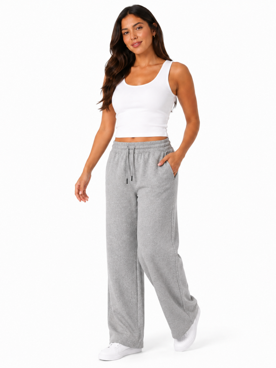 PANTALÓN PALAZZO MUJER ALGODÓN FRENCH TERRY COLOR MELANGE GRIS  TIRO ALTO PIERNA ANCHA CÓMODO CASUAL - 5