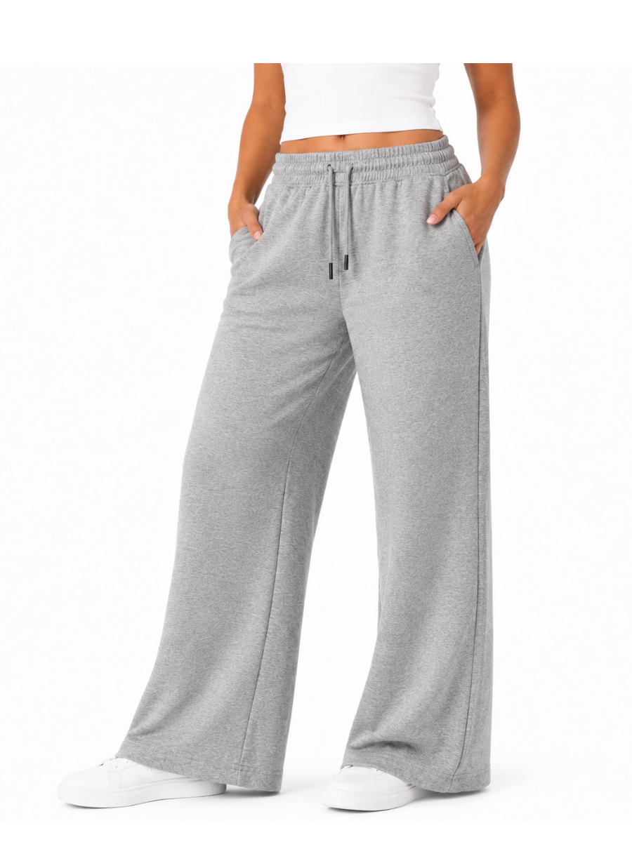 PANTALÓN PALAZZO MUJER ALGODÓN FRENCH TERRY COLOR MELANGE GRIS  TIRO ALTO PIERNA ANCHA CÓMODO CASUAL - 7
