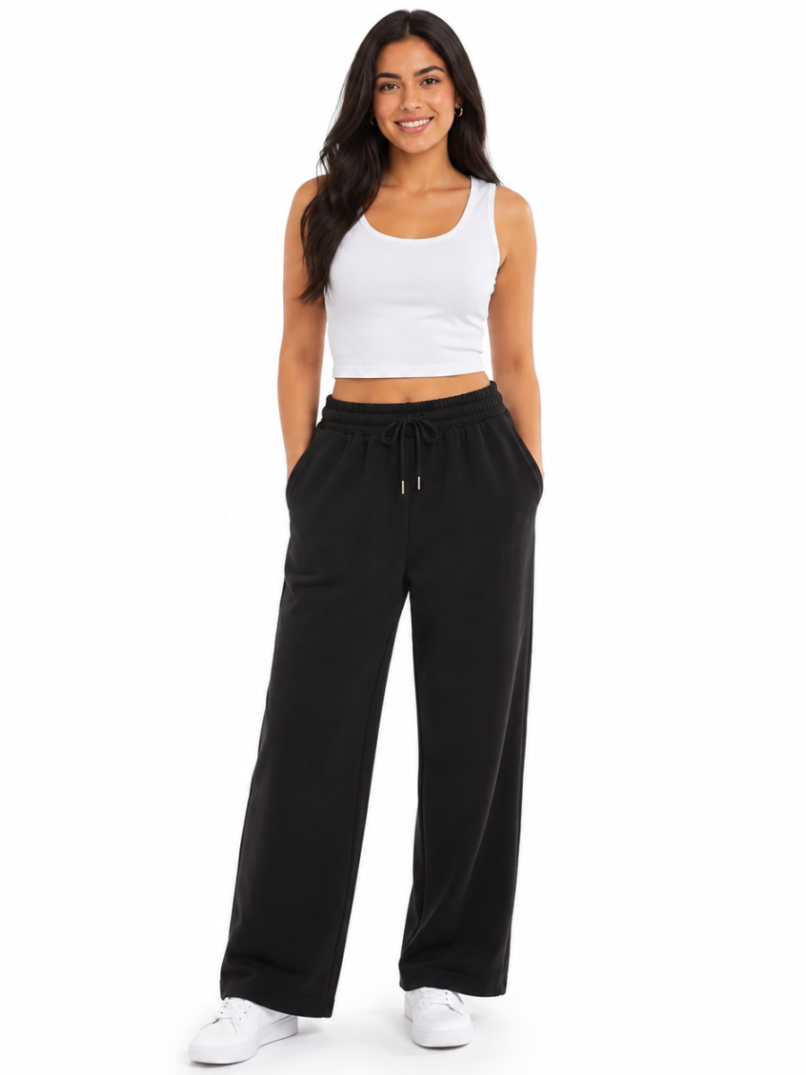 PANTALON PALAZZO MUJER ALGODON FRECHTERRY NEGRO PIERNA ANCHA CINTURA ELASTICA CON CORDON AJUSTABLE BOLSILLOS LATERALES CASUAL - 1