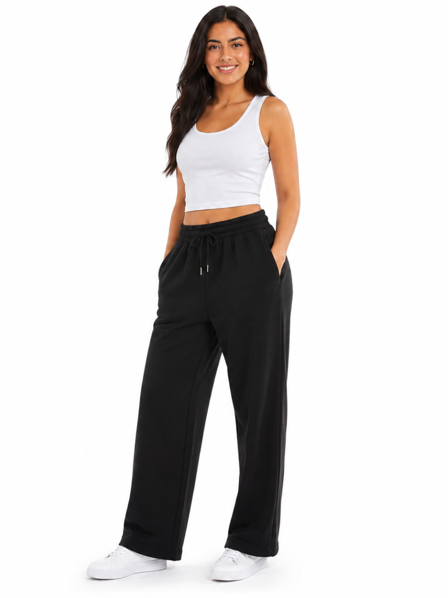 PANTALON PALAZZO MUJER ALGODON FRECHTERRY NEGRO PIERNA ANCHA CINTURA ELASTICA CON CORDON AJUSTABLE BOLSILLOS LATERALES CASUAL - 3