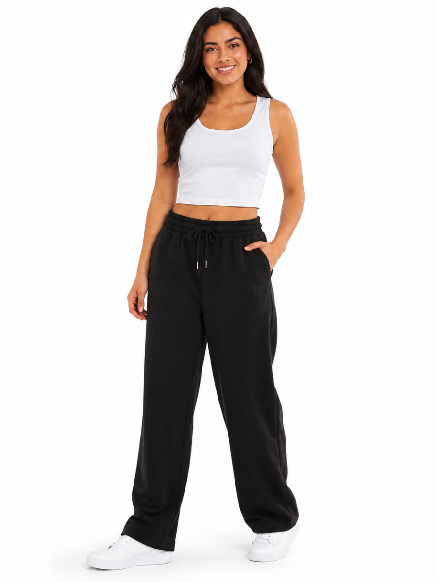 PANTALON PALAZZO MUJER ALGODON FRECHTERRY NEGRO PIERNA ANCHA CINTURA ELASTICA CON CORDON AJUSTABLE BOLSILLOS LATERALES CASUAL - 3