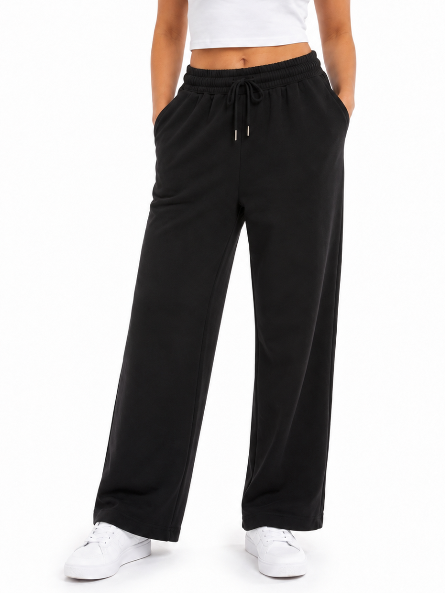 PANTALON PALAZZO MUJER ALGODON FRECHTERRY NEGRO PIERNA ANCHA CINTURA ELASTICA CON CORDON AJUSTABLE BOLSILLOS LATERALES CASUAL - 4