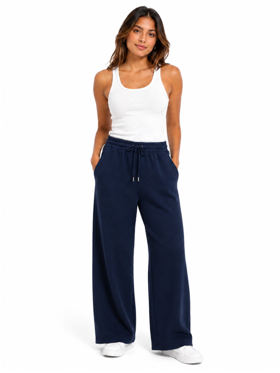 PANTALON PALAZZO MUJER ALGODON FRECHTERRY AZUL NAVY PIERNA ANCHA CINTURA ELASTICA CORDON AJUSTABLE BOLSILLOS LATERALES CASUAL - 1