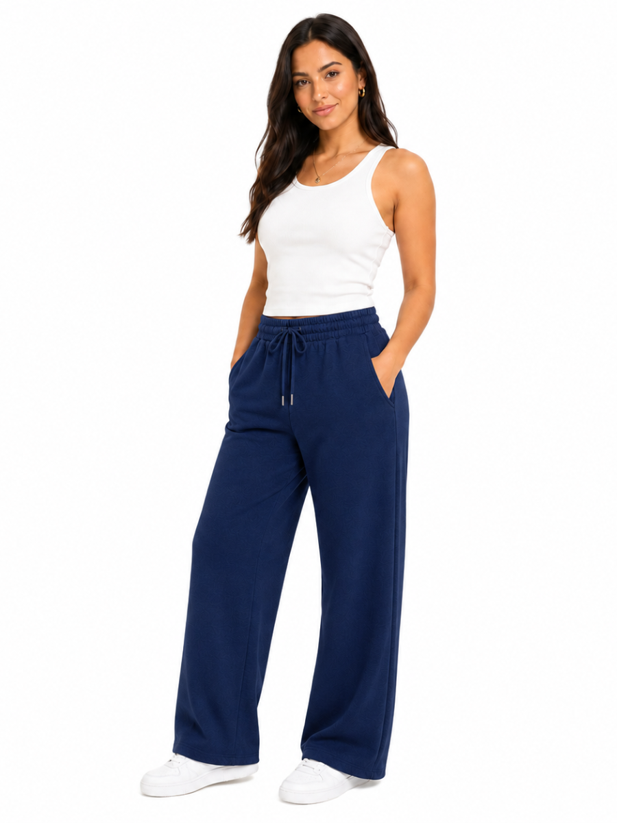 PANTALON PALAZZO MUJER ALGODON FRECHTERRY AZUL NAVY PIERNA ANCHA CINTURA ELASTICA CORDON AJUSTABLE BOLSILLOS LATERALES CASUAL - 3