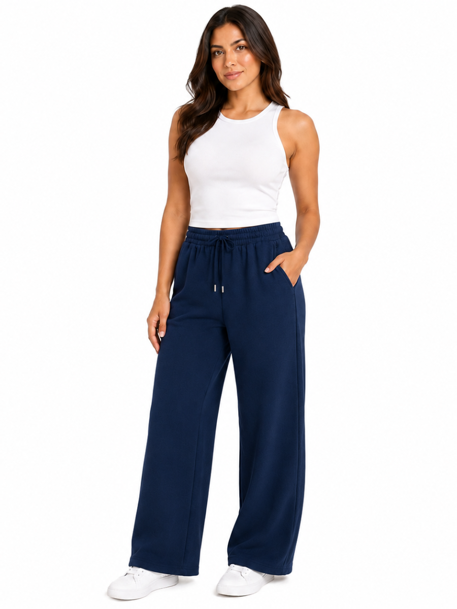 PANTALON PALAZZO MUJER ALGODON FRECHTERRY AZUL NAVY PIERNA ANCHA CINTURA ELASTICA CORDON AJUSTABLE BOLSILLOS LATERALES CASUAL - 4