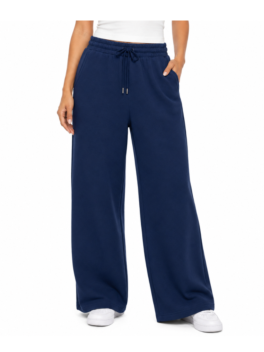 PANTALON PALAZZO MUJER ALGODON FRECHTERRY AZUL NAVY PIERNA ANCHA CINTURA ELASTICA CORDON AJUSTABLE BOLSILLOS LATERALES CASUAL - 5