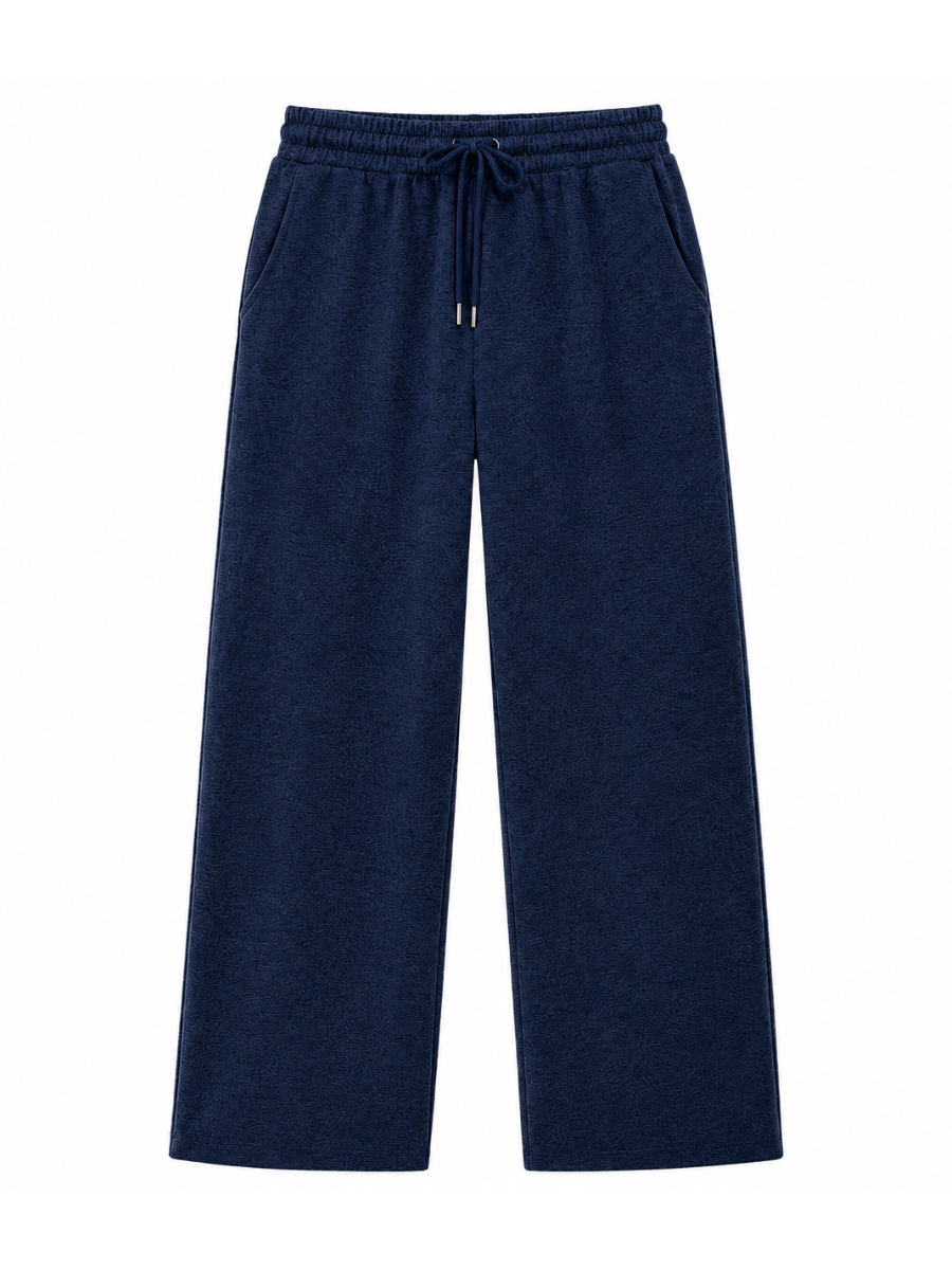 PANTALON PALAZZO MUJER ALGODON FRECHTERRY AZUL NAVY PIERNA ANCHA CINTURA ELASTICA CORDON AJUSTABLE BOLSILLOS LATERALES CASUAL - 6