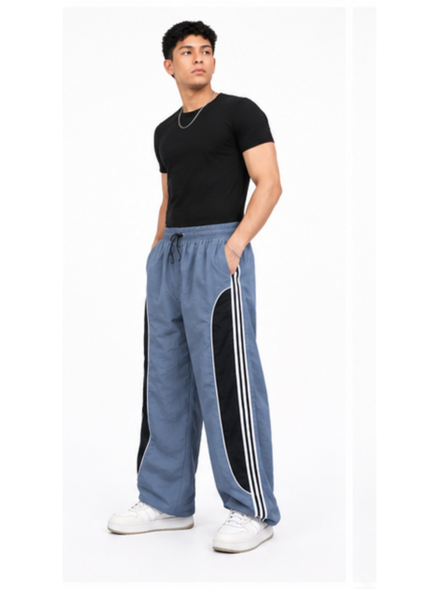 PANTALON POWER TRACK TELA MOJADA COLOR GRIS HOMBRE JOGGER WIDE LEG RAYAS LATERALES DEPORTIVO URBANO ELASTICADO - 1