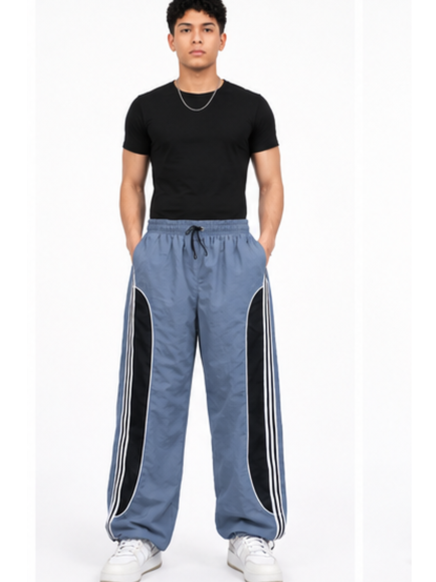 PANTALON POWER TRACK TELA MOJADA COLOR GRIS HOMBRE JOGGER WIDE LEG RAYAS LATERALES DEPORTIVO URBANO ELASTICADO - 2