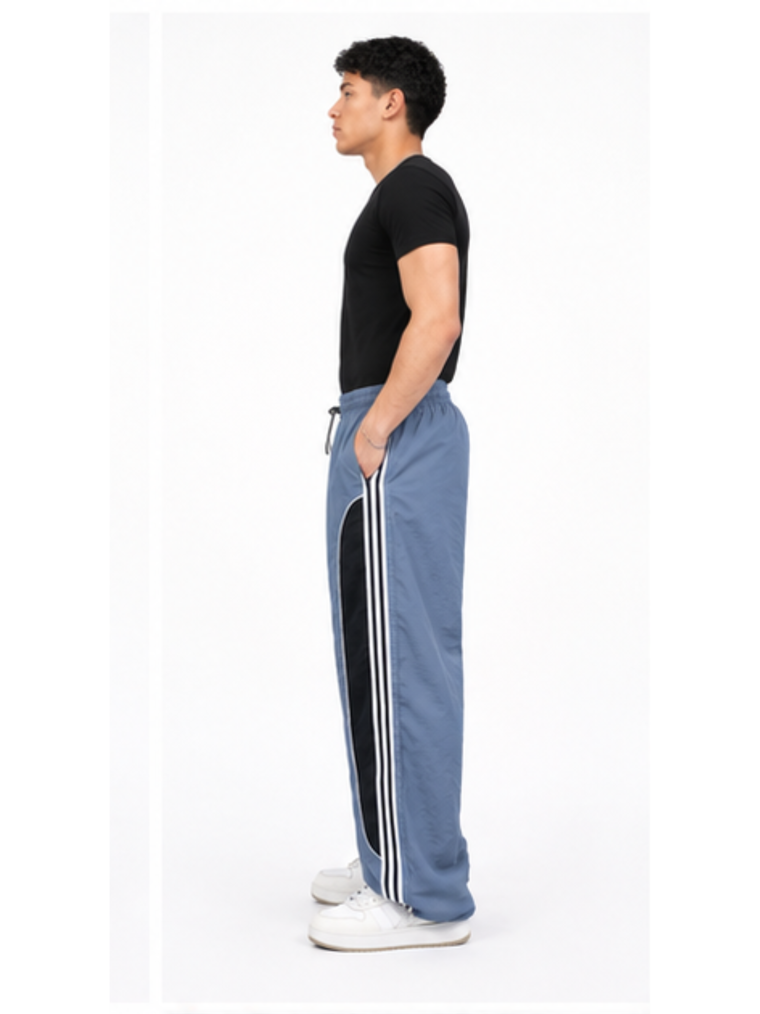 PANTALON POWER TRACK TELA MOJADA COLOR GRIS HOMBRE JOGGER WIDE LEG RAYAS LATERALES DEPORTIVO URBANO ELASTICADO - 5