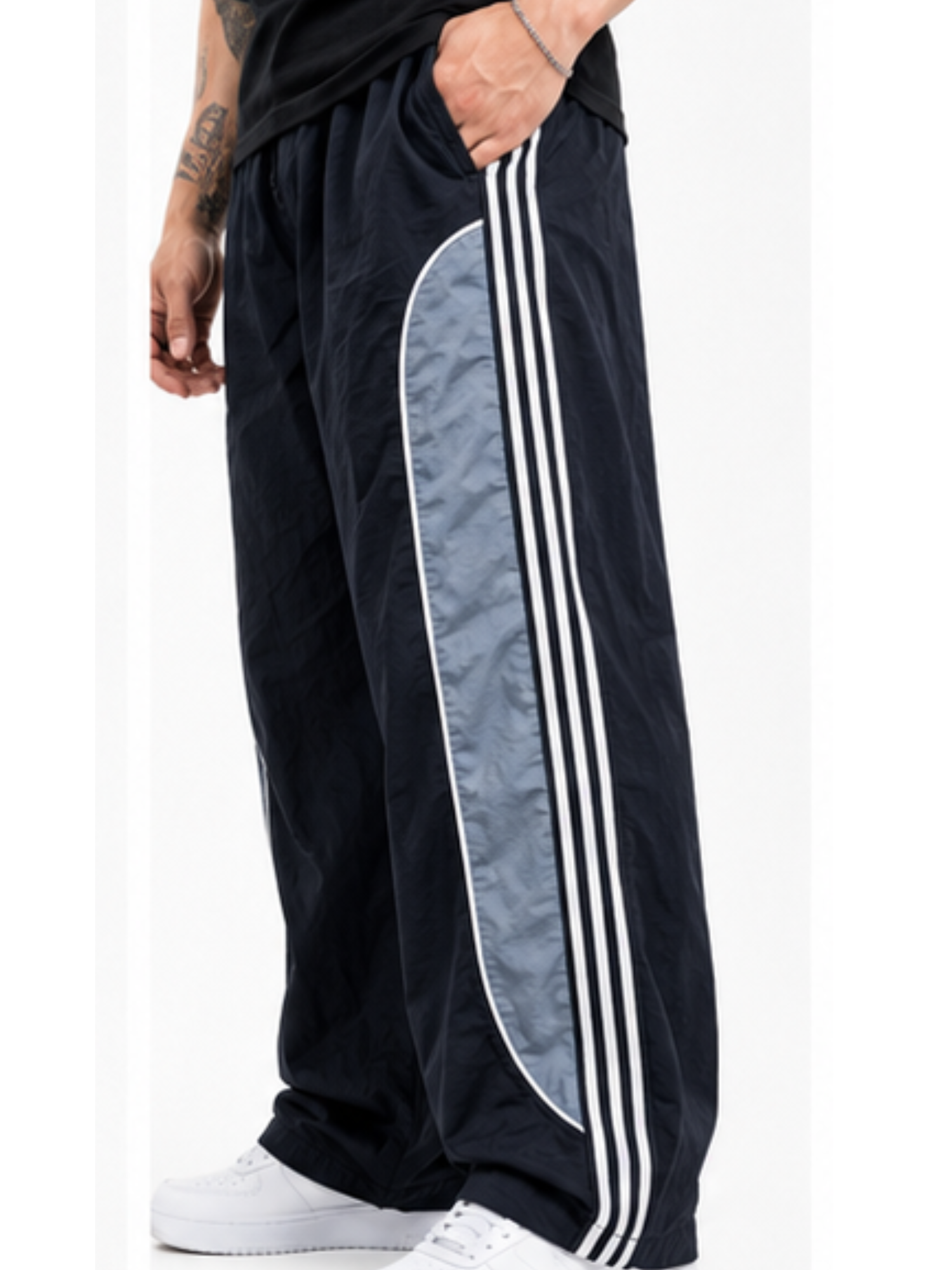 PANTALON POWER TRACK TELA MOJADA COLOR NEGRO HOMBRE JOGGER WIDE LEG RAYAS LATERALES DEPORTIVO URBANO ELASTICADO - 3