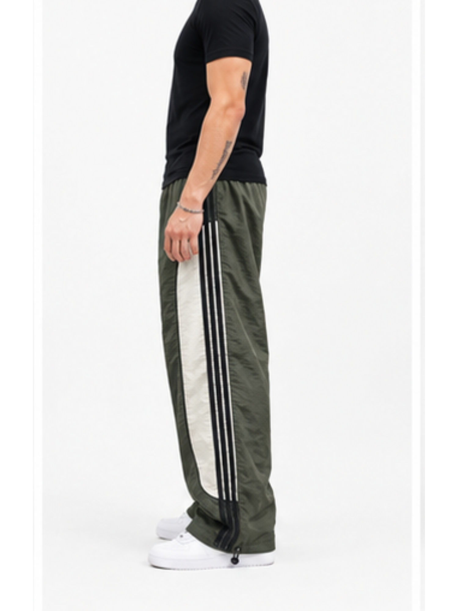 PANTALON POWER TRACK TELA MOJADA COLOR VERDE HOMBRE JOGGER WIDE LEG RAYAS LATERALES DEPORTIVO URBANO - 3