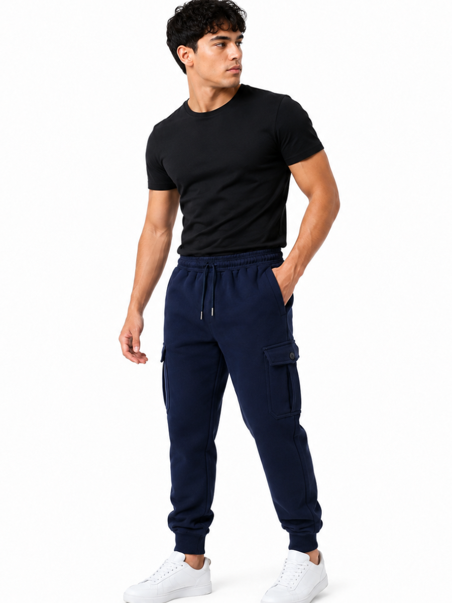 PANTALON JOGGER CARGO FRANELA HOMBRE AZUL MARINO BOLSILLOS LATERALES ELASTICO CINTURA COMODO CASUAL - 1