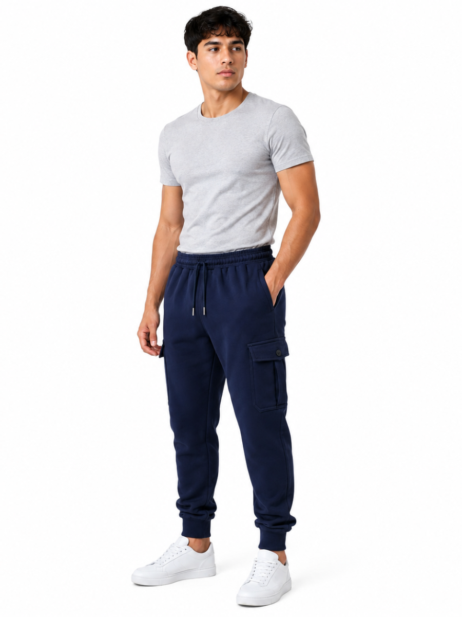 PANTALON JOGGER CARGO FRANELA HOMBRE AZUL MARINO BOLSILLOS LATERALES ELASTICO CINTURA COMODO CASUAL - 2