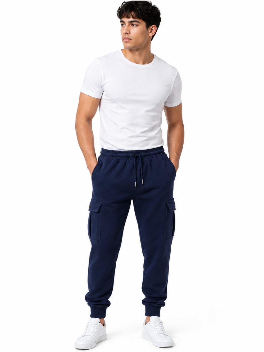 PANTALON JOGGER CARGO FRANELA HOMBRE AZUL MARINO BOLSILLOS LATERALES ELASTICO CINTURA COMODO CASUAL - 4