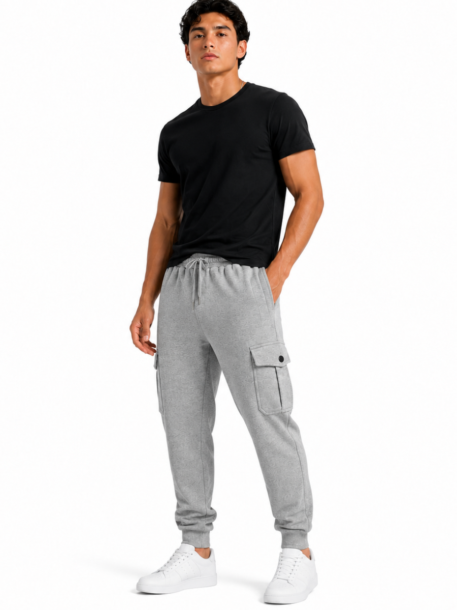 PANTALON JOGGER CARGO FRANELA HOMBRE GRIS MELANGE BOLSILLOS LATERALES ELASTICO CINTURA COMODO CASUAL - 1