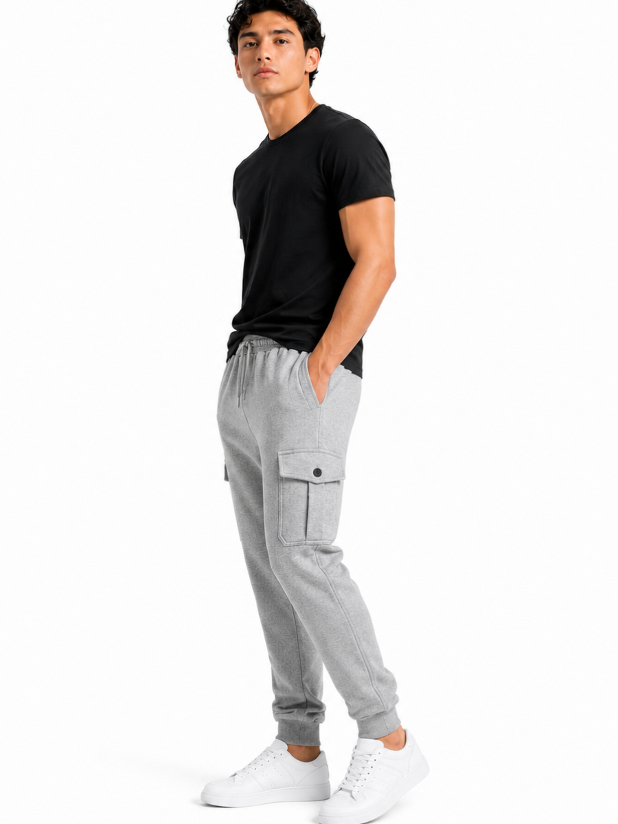 PANTALON JOGGER CARGO FRANELA HOMBRE GRIS MELANGE BOLSILLOS LATERALES ELASTICO CINTURA COMODO CASUAL - 3